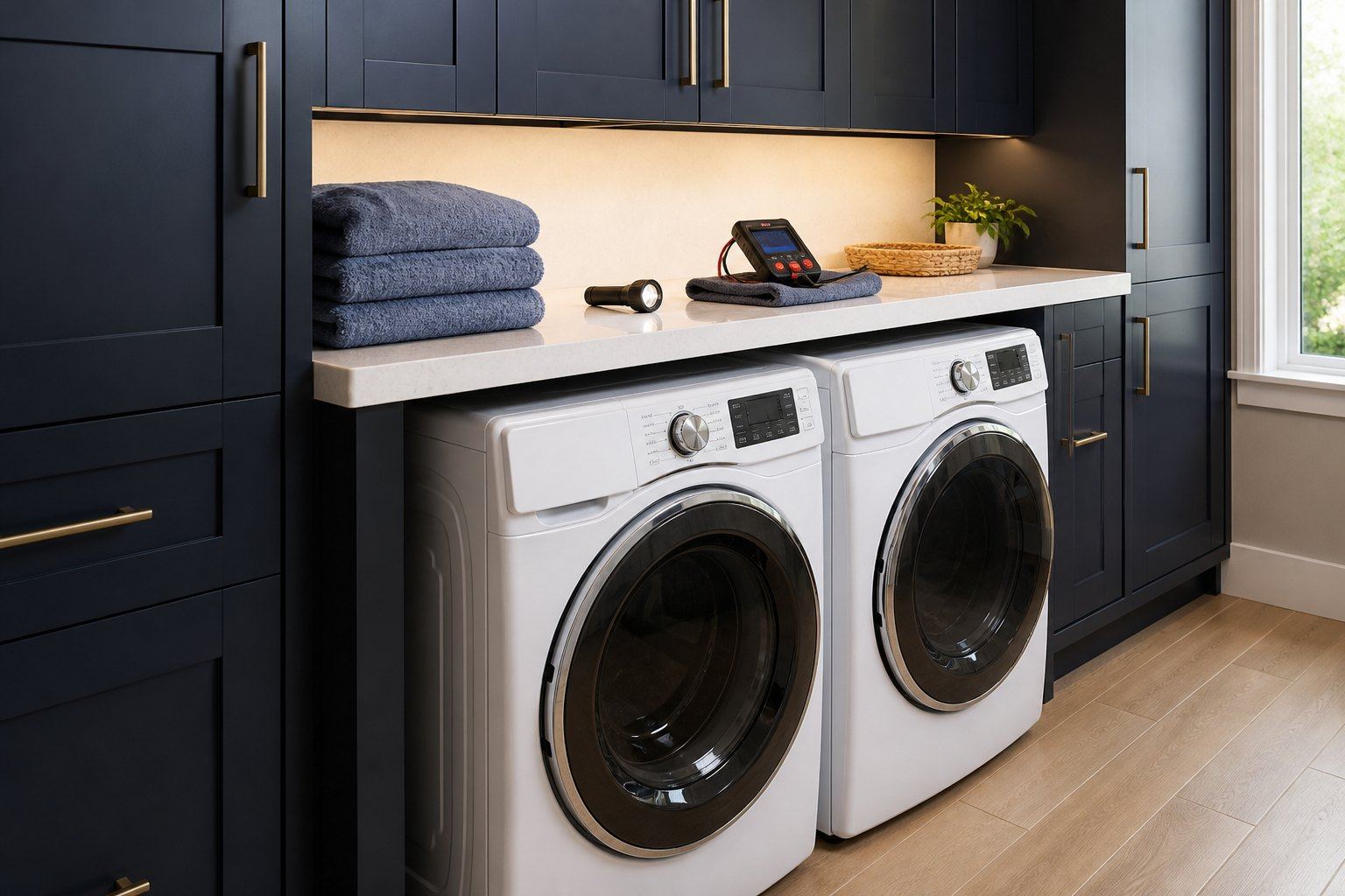 Maytag washer and dryer in a home laundry room during a diagnostic visit